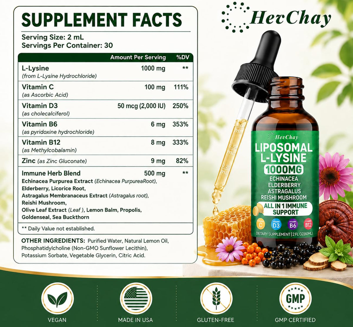 HevChay L-Lysine Liquide 1000mg gouttes avec dosage