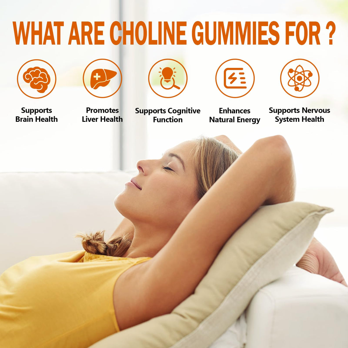 HFELIZ Choline Gummies 60 Comp. gummies orange en gros plan