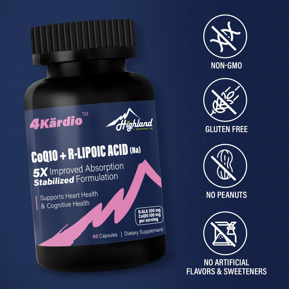 Highland Nutritional Lab CoQ10 100mg Acide R-Lipoïque 200mg bottle with green background