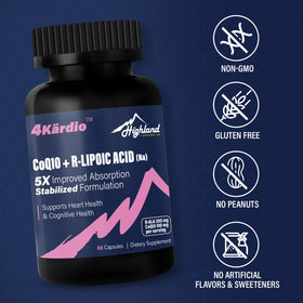 Highland Nutritional Lab CoQ10 100mg Acide R-Lipoïque 200mg bottle with green background