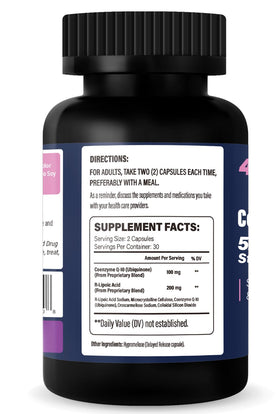 Highland Nutritional Lab CoQ10 100mg Acide R-Lipoïque 200mg on a kitchen counter