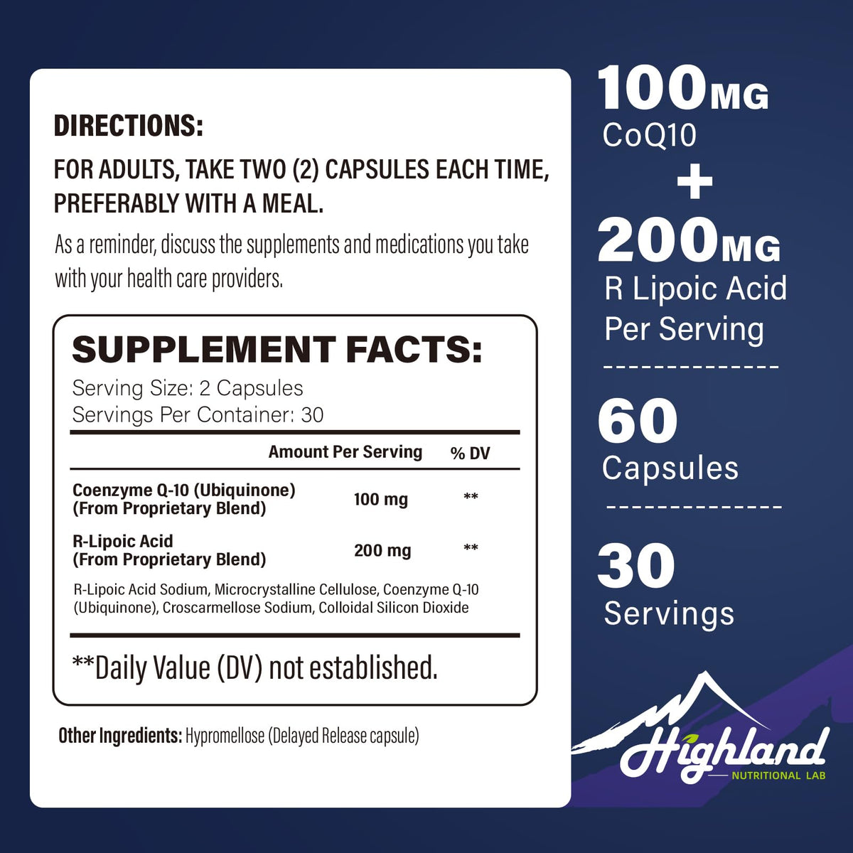 Highland Nutritional Lab CoQ10 100mg Acide R-Lipoïque 200mg supplement bottle side view