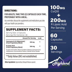 Highland Nutritional Lab CoQ10 100mg Acide R-Lipoïque 200mg supplement bottle side view
