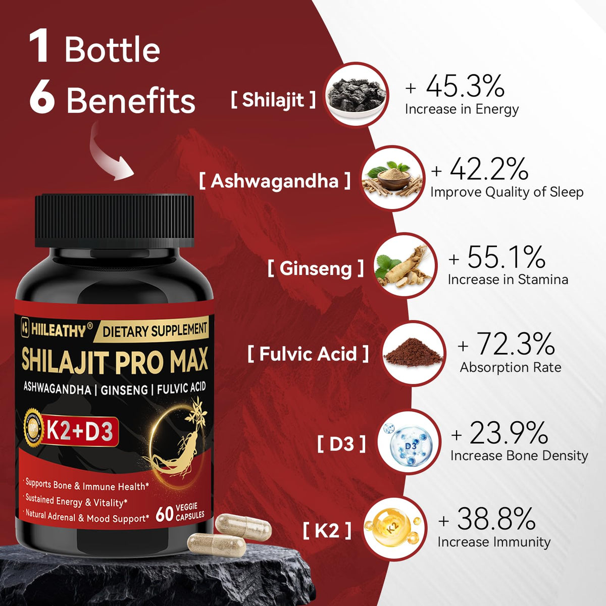 HIILEATHY Shilajit 500mg étiquette avec ingrédients