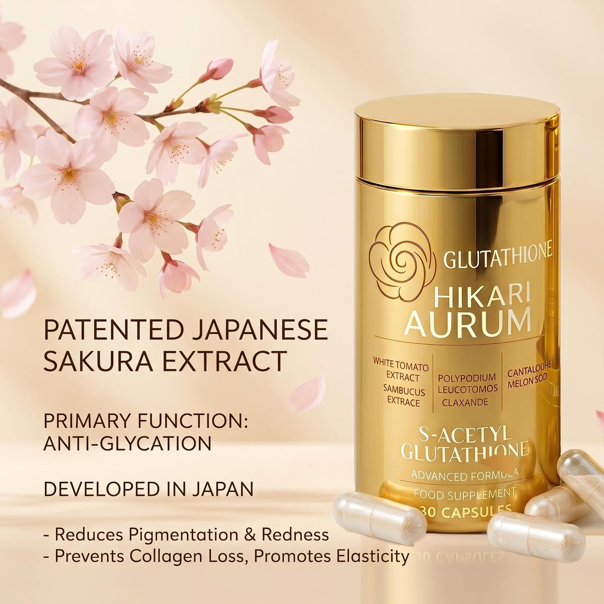 Hikari Aurum Glutathione Capsule côté avec étiquettes