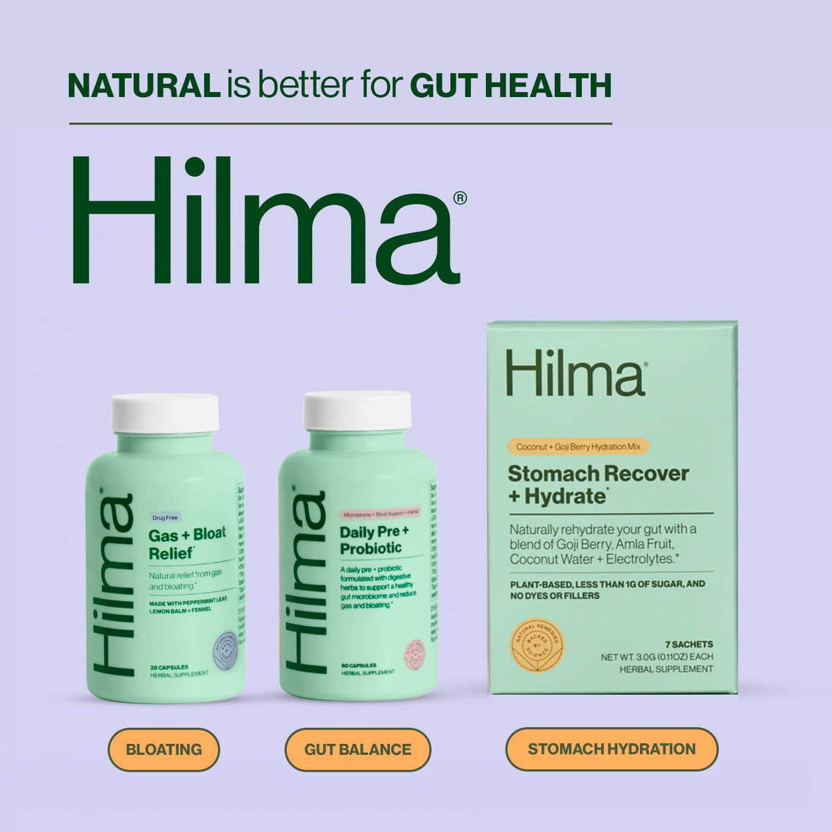 Hilma Pré et Probiotique, capsules sur une table en bois