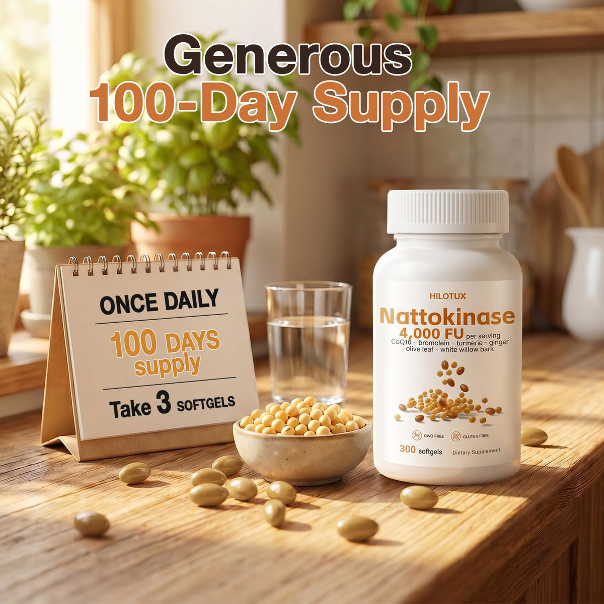 HILOTUX Nattokinase 4000 FU avec ingrédients naturels en arrière-plan