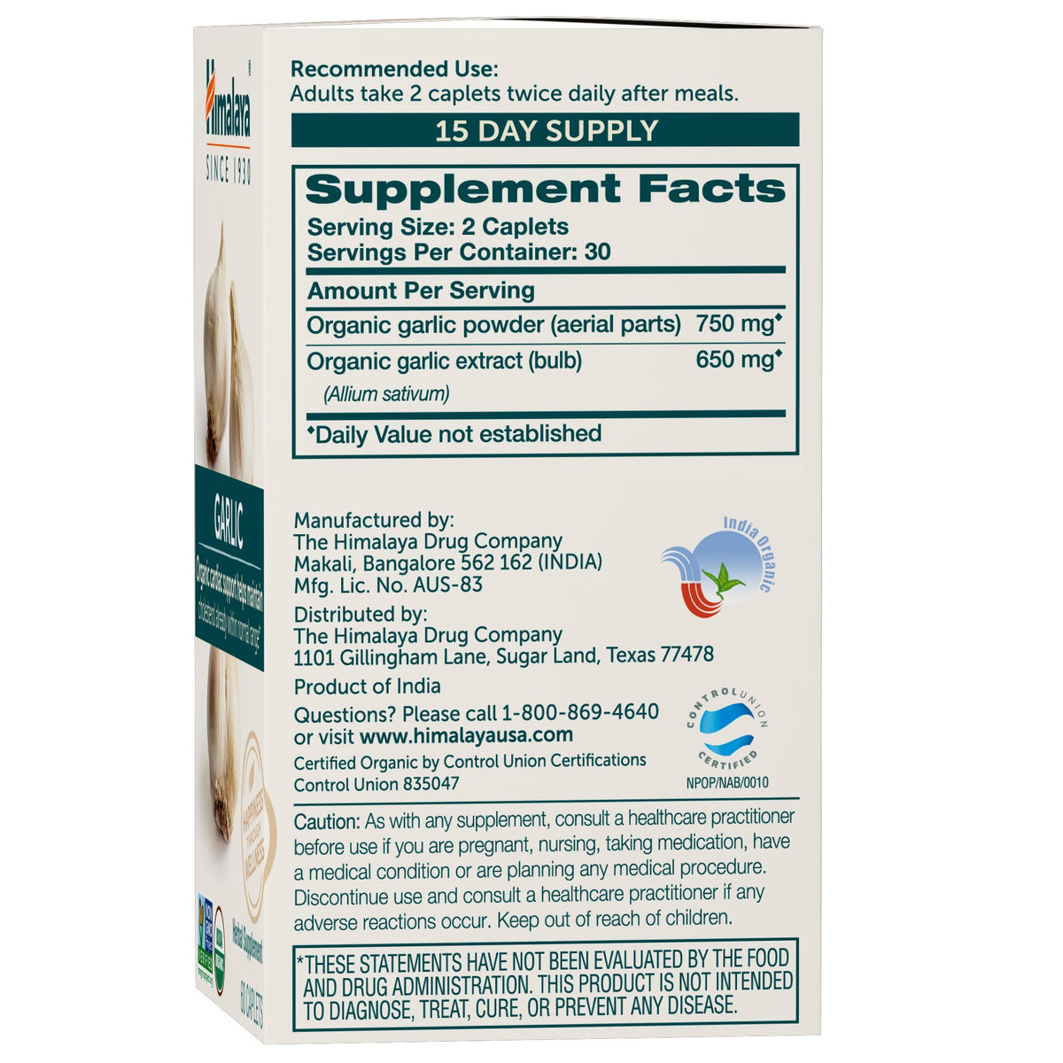 Himalaya Ail Bio 1400 mg, emballage et informations nutritionnelles