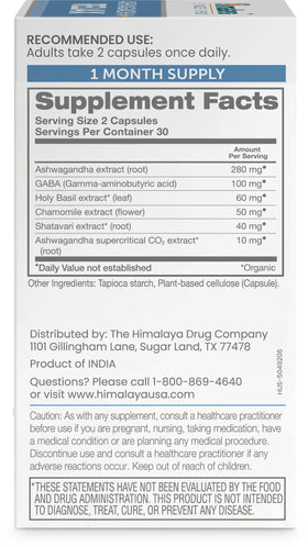 Himalaya Ashwagandha+ 540 mg emballage avec informations nutritionnelles