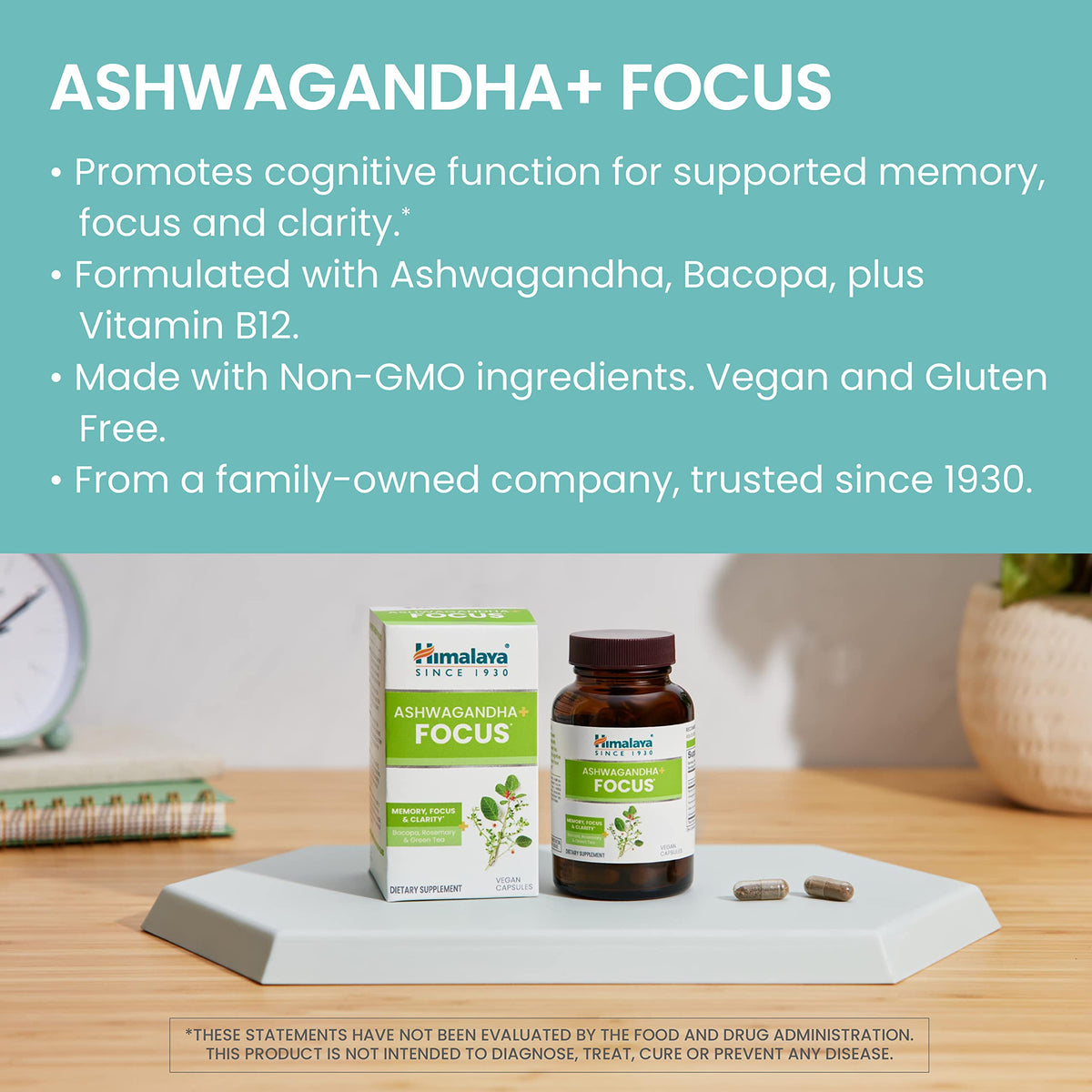 Himalaya Ashwagandha+ Focus 1690 mg gélules sur une table