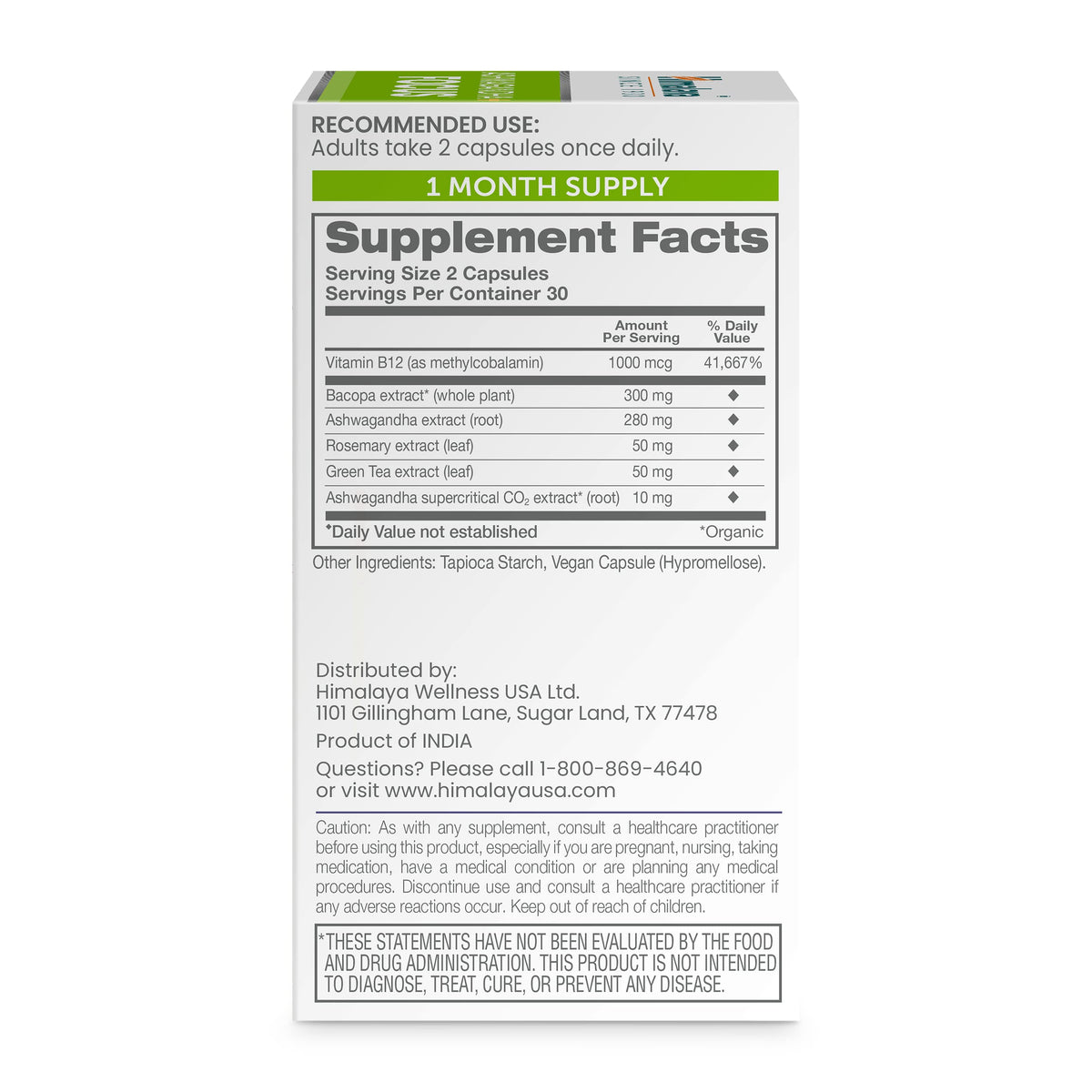 Himalaya Ashwagandha+ Focus 1690 mg vue arrière de l'emballage