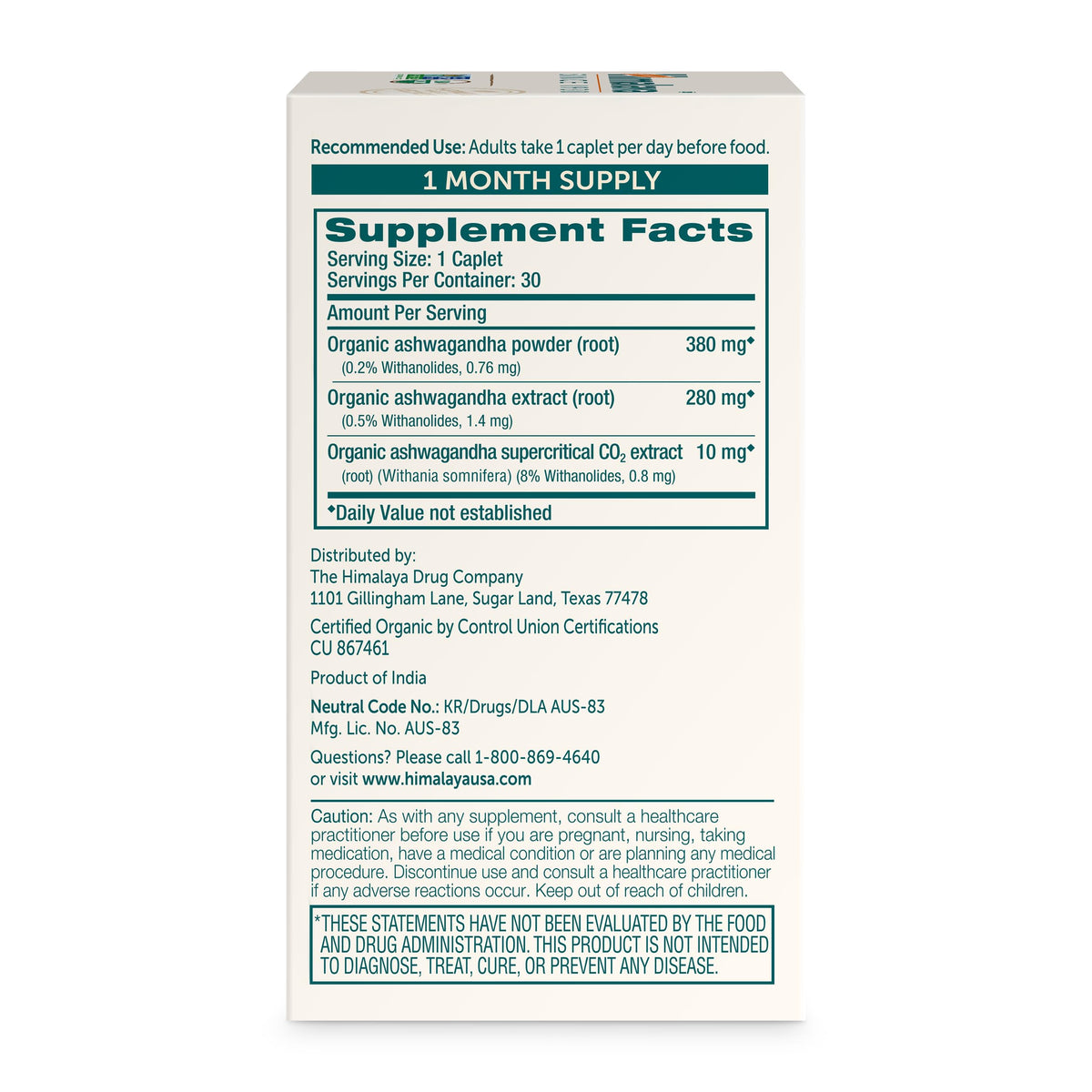 Himalaya Ashwagandha racine bio 670 mg avec des ingrédients naturels