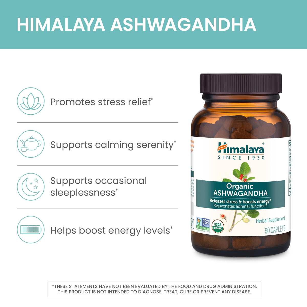 Himalaya Ashwagandha Racine Bio 670 mg comprimés sur une table