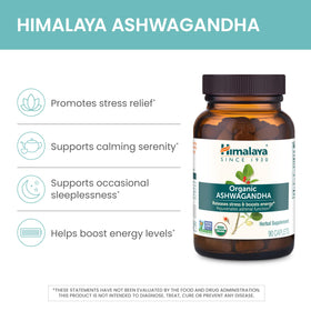 Himalaya Ashwagandha Racine Bio 670 mg comprimés sur une table