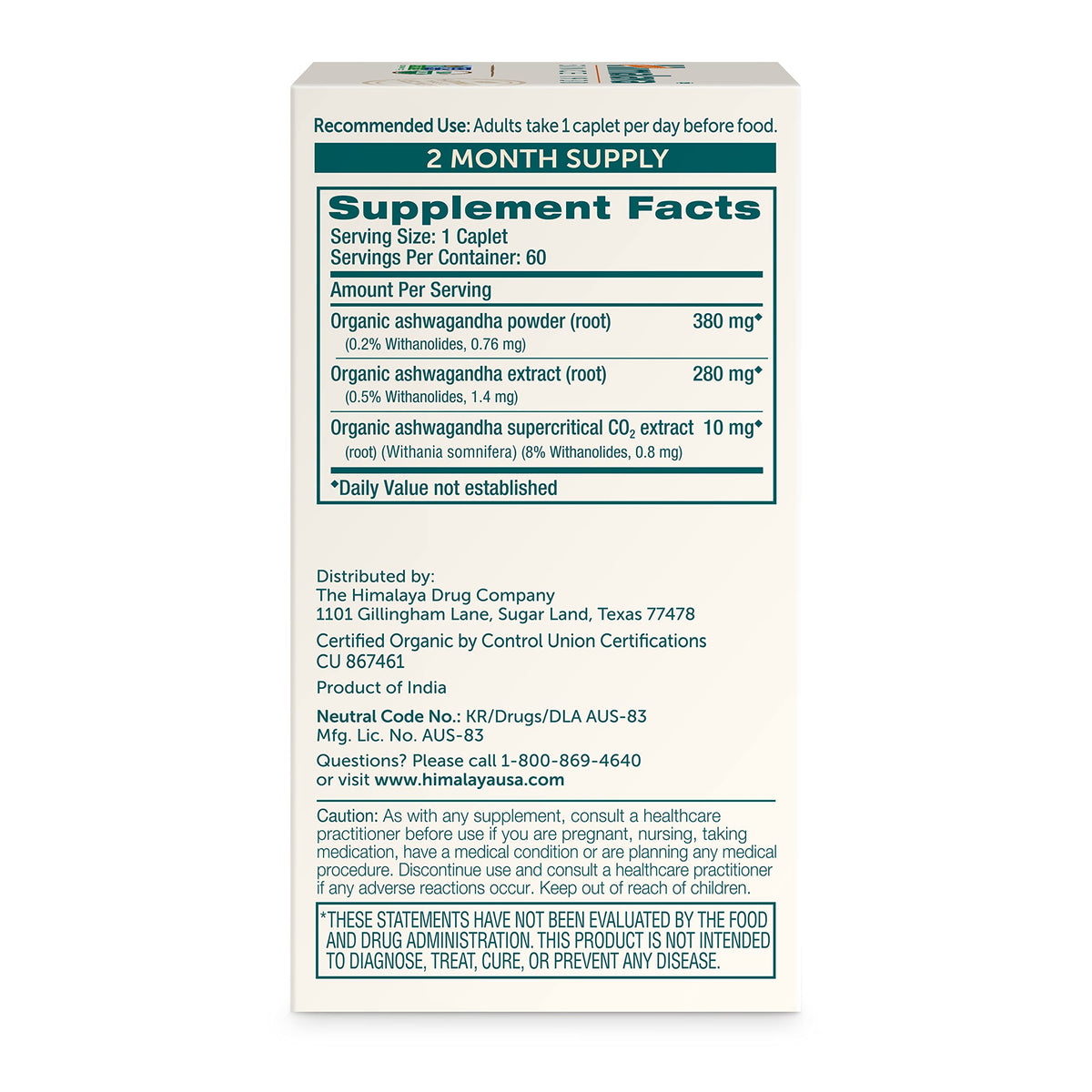 Himalaya Ashwagandha Racine Bio 670 mg ingrédients