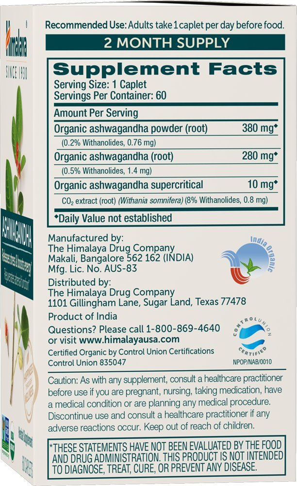 Himalaya Ashwagandha Racine Bio 670 mg sur fond blanc