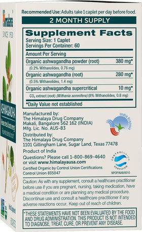 Himalaya Ashwagandha Racine Bio 670 mg sur fond blanc