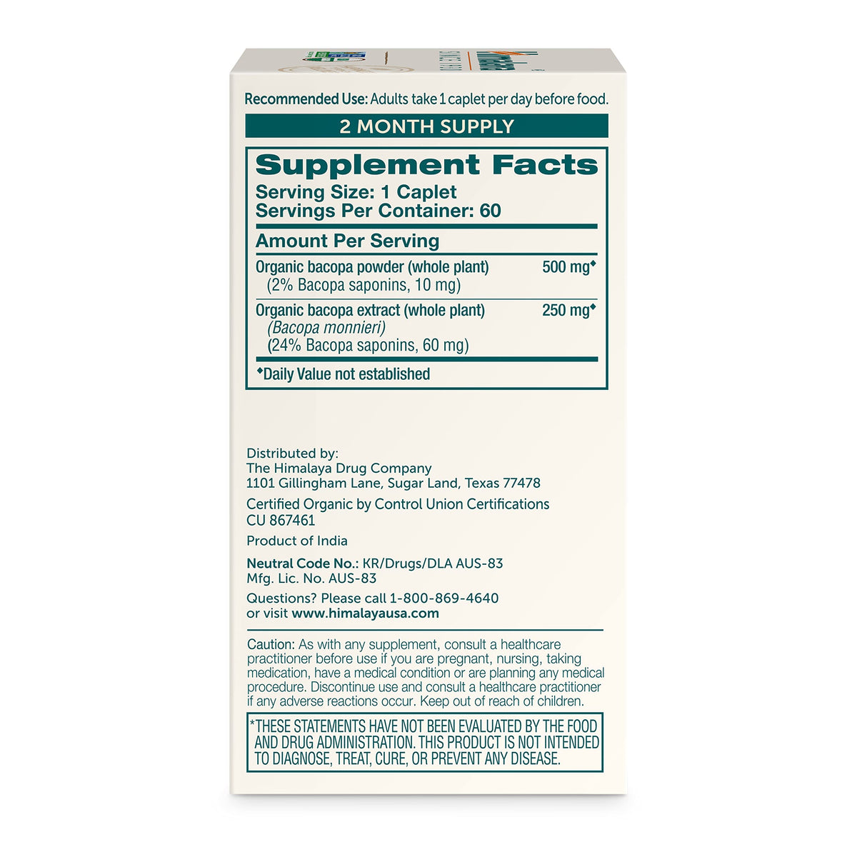 Himalaya Bacopa Monnieri 750 mg - boîte et étiquette