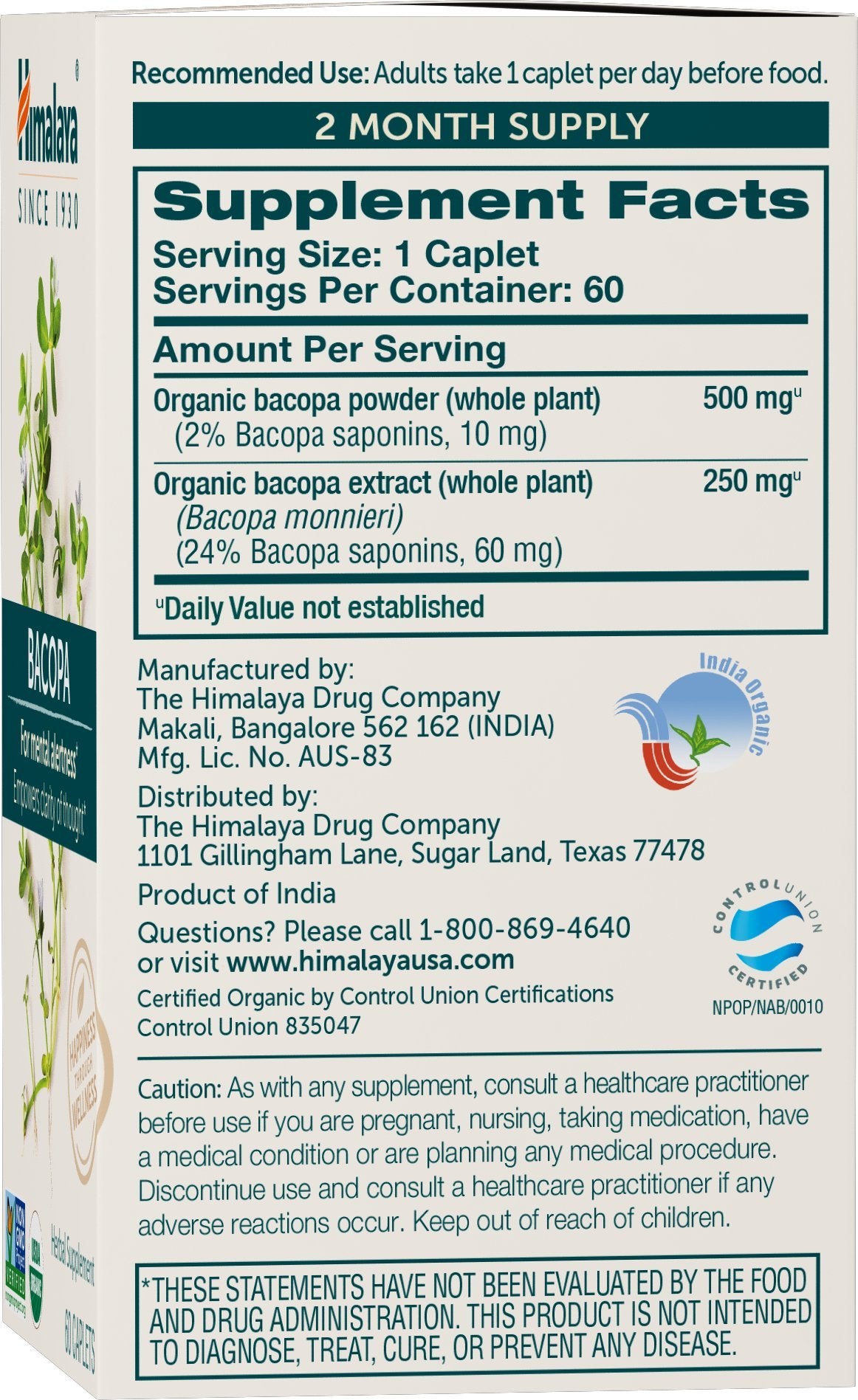 Himalaya Bacopa Monnieri 750 mg tableau des ingrédients