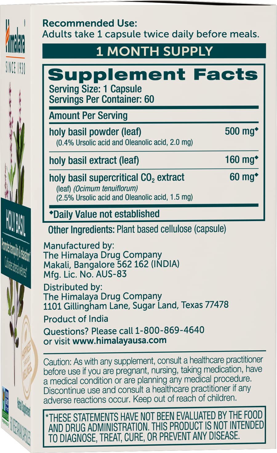 Himalaya Basilic Sacré 720mg 60 Capsules emballage