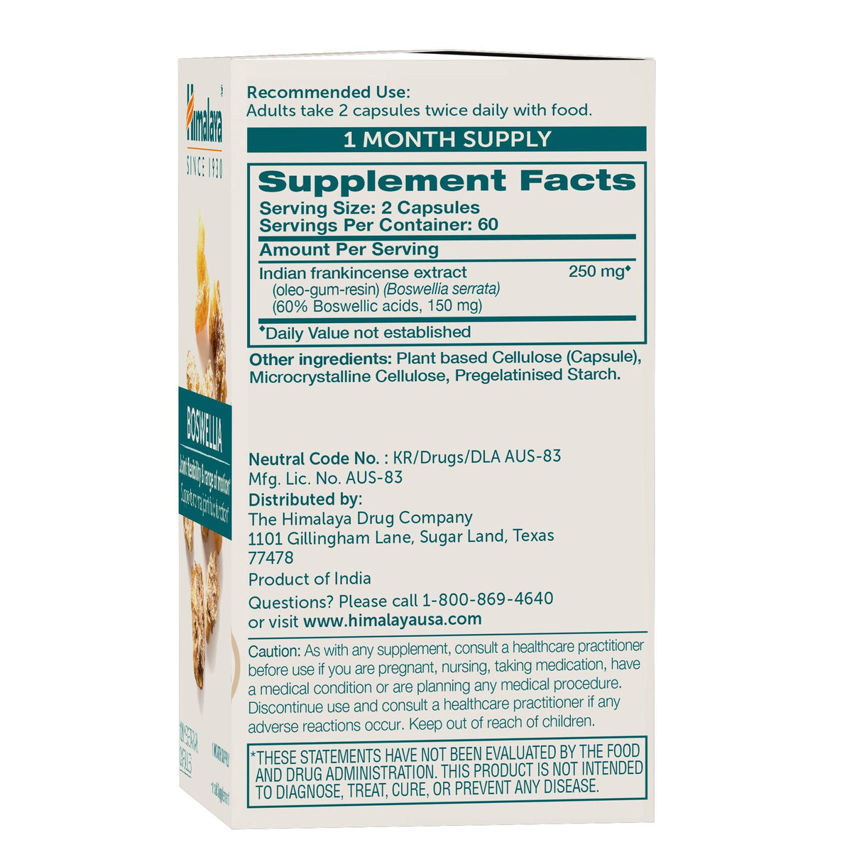 Himalaya Boswellia Serrata 250 mg 120 capsules angle de côté