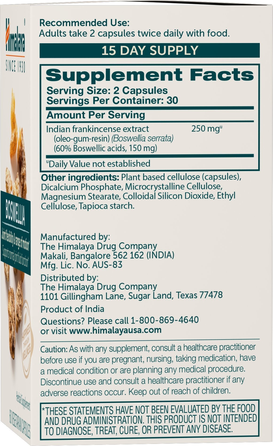 Himalaya Capsules Extrait de Boswellia 250 mg 120 pièces, vue arrière