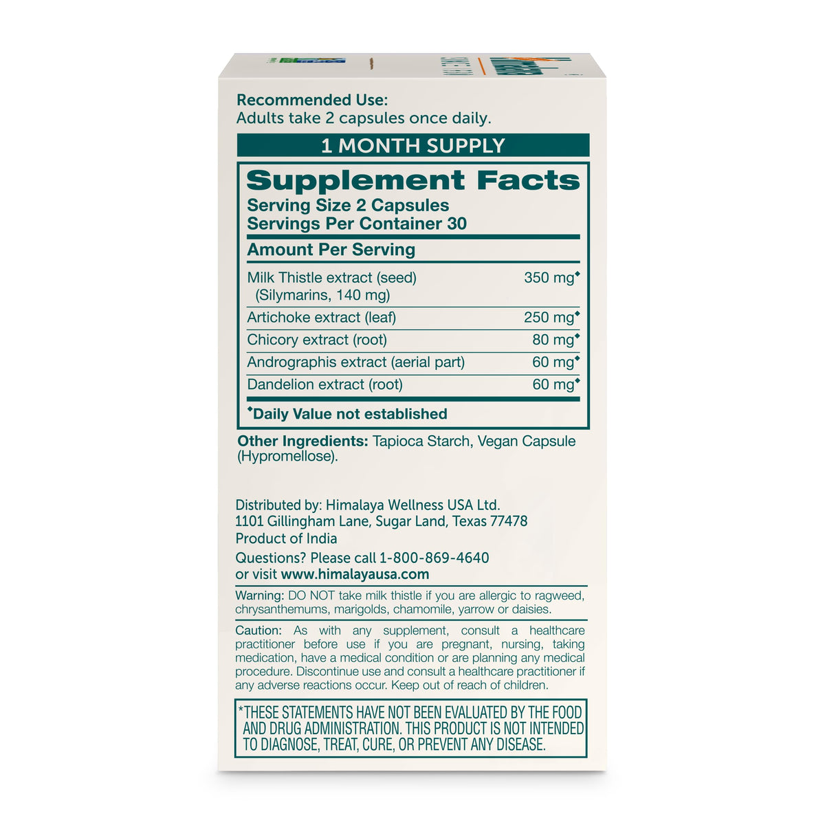 Himalaya Chardon-Marie Capsules 350 mg vue arrière de l'emballage