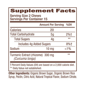 Himalaya Chews Curcuma 300 mg en arrière-plan de fruits tropicaux