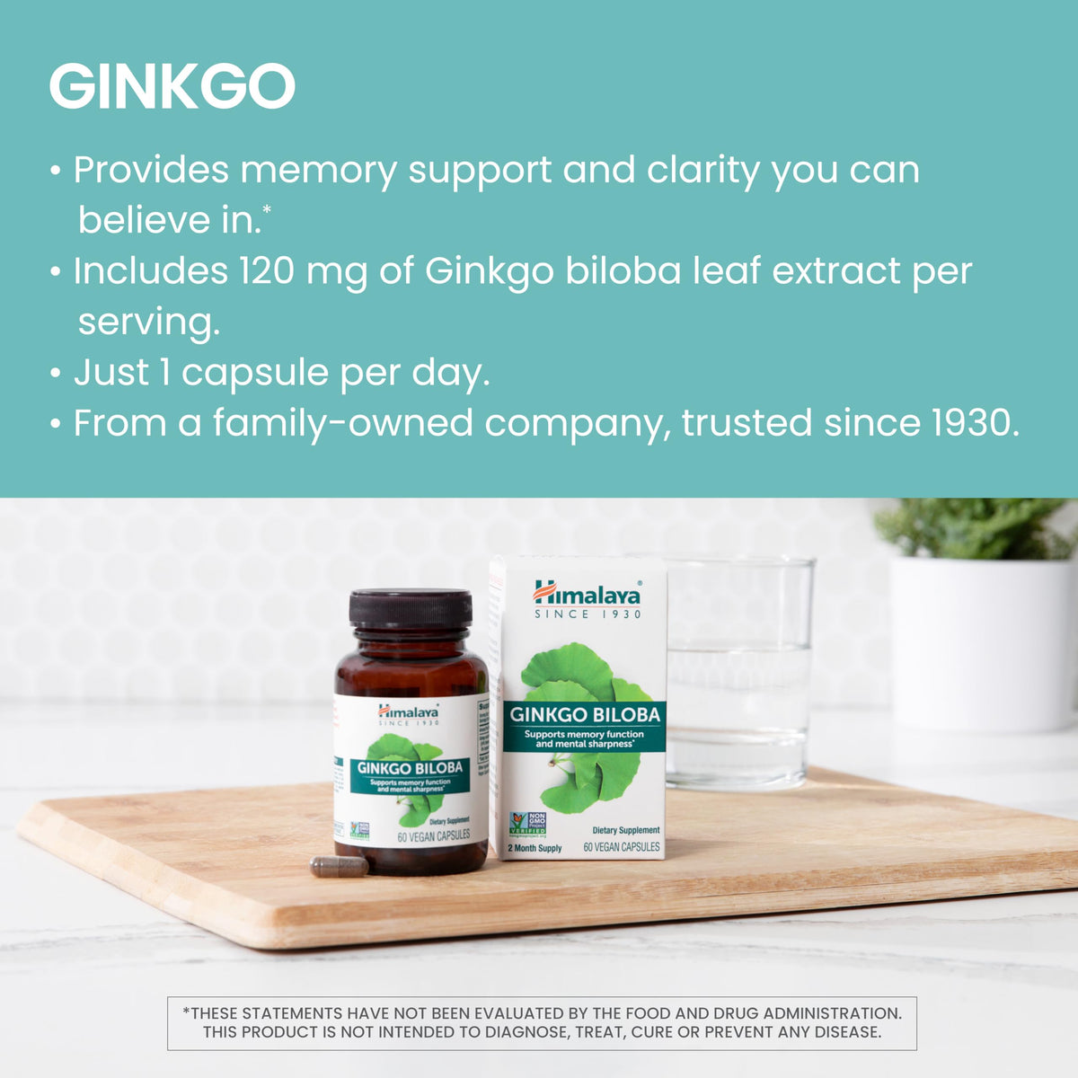 Himalaya Ginkgo Biloba 120 mg capsules sur une table