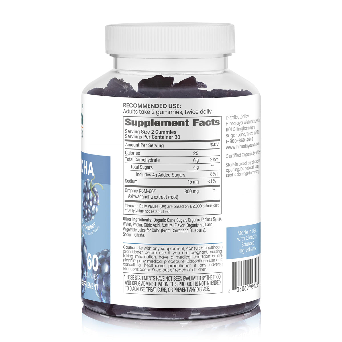 Himalaya Gommes d'Ashwagandha Bio contenant des gummies de saveur mûre