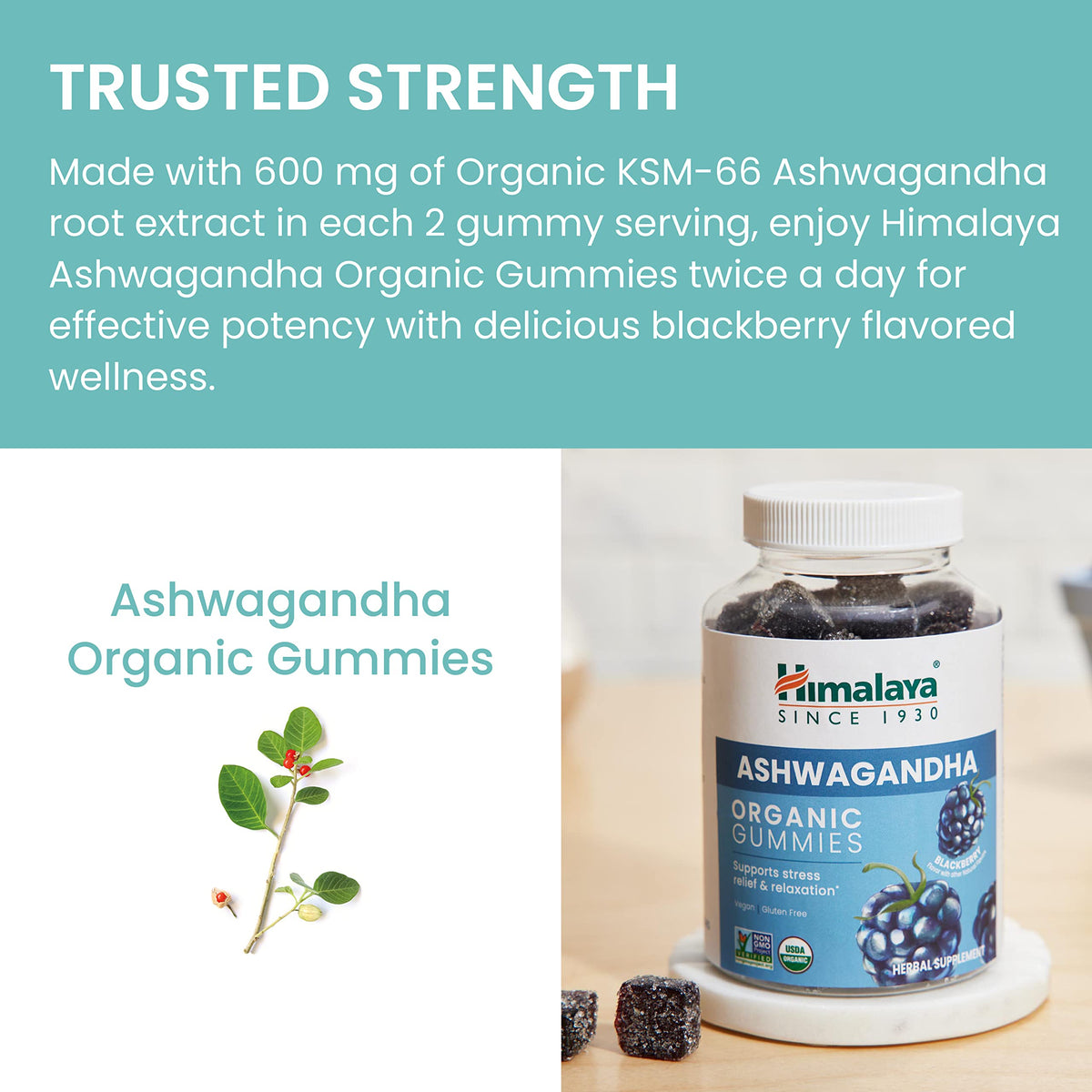 Himalaya Gommes d'Ashwagandha Bio sur une table avec d'autres produits de santé