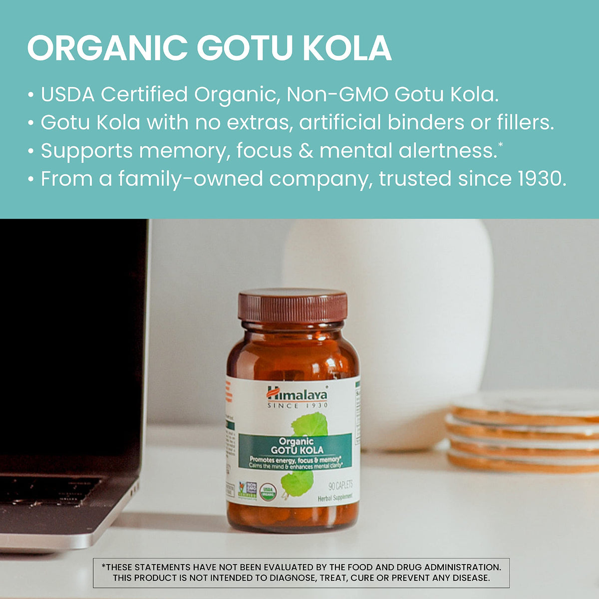 Himalaya Gotu Kola Capsules 650 mg, comprimés sur une surface blanche