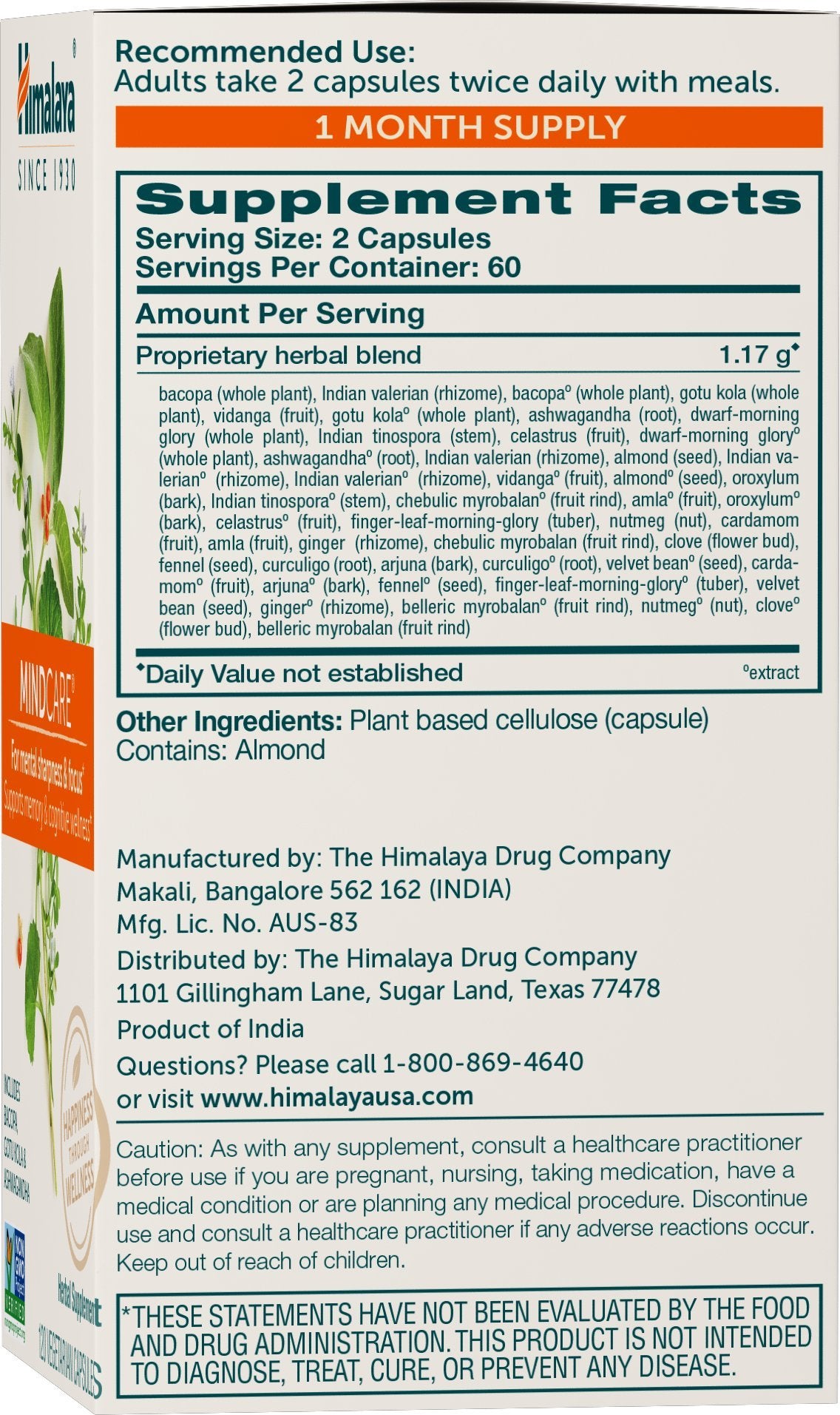 Himalaya MindCare étiquette avec ingrédients et dosage