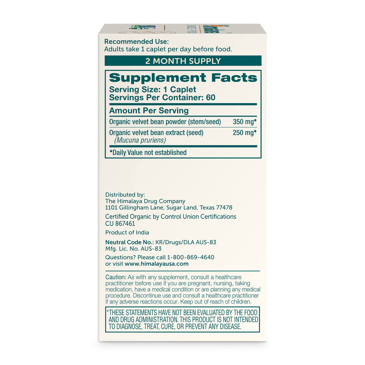 Himalaya Mucuna Pruriens 600mg comprimés végétaux sur une table
