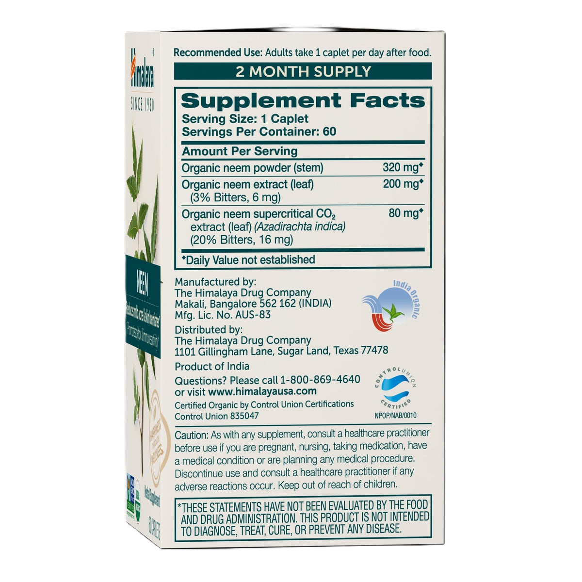 Himalaya Neem Bio 600 mg, étiquette détaillée