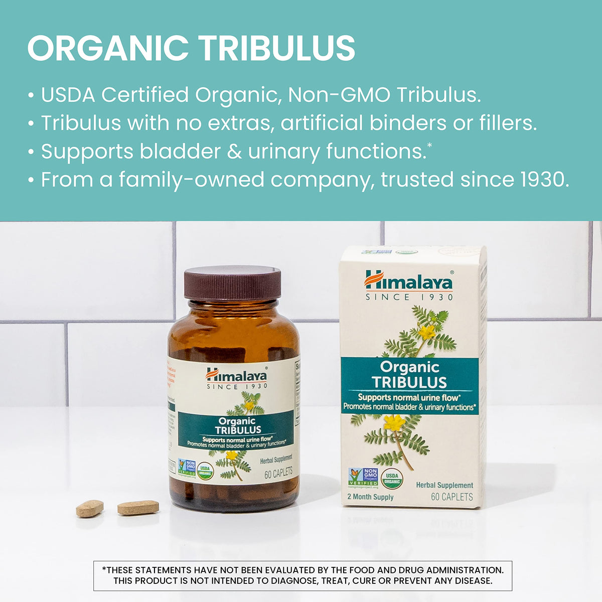 Himalaya Organic Tribulus Terrestris 688 mg capsules sur une surface blanche