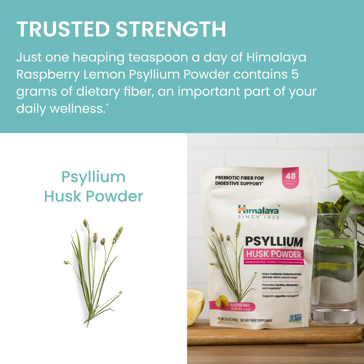 Himalaya Poudre de Psyllium à la Framboise et Citron 340 g sur une table