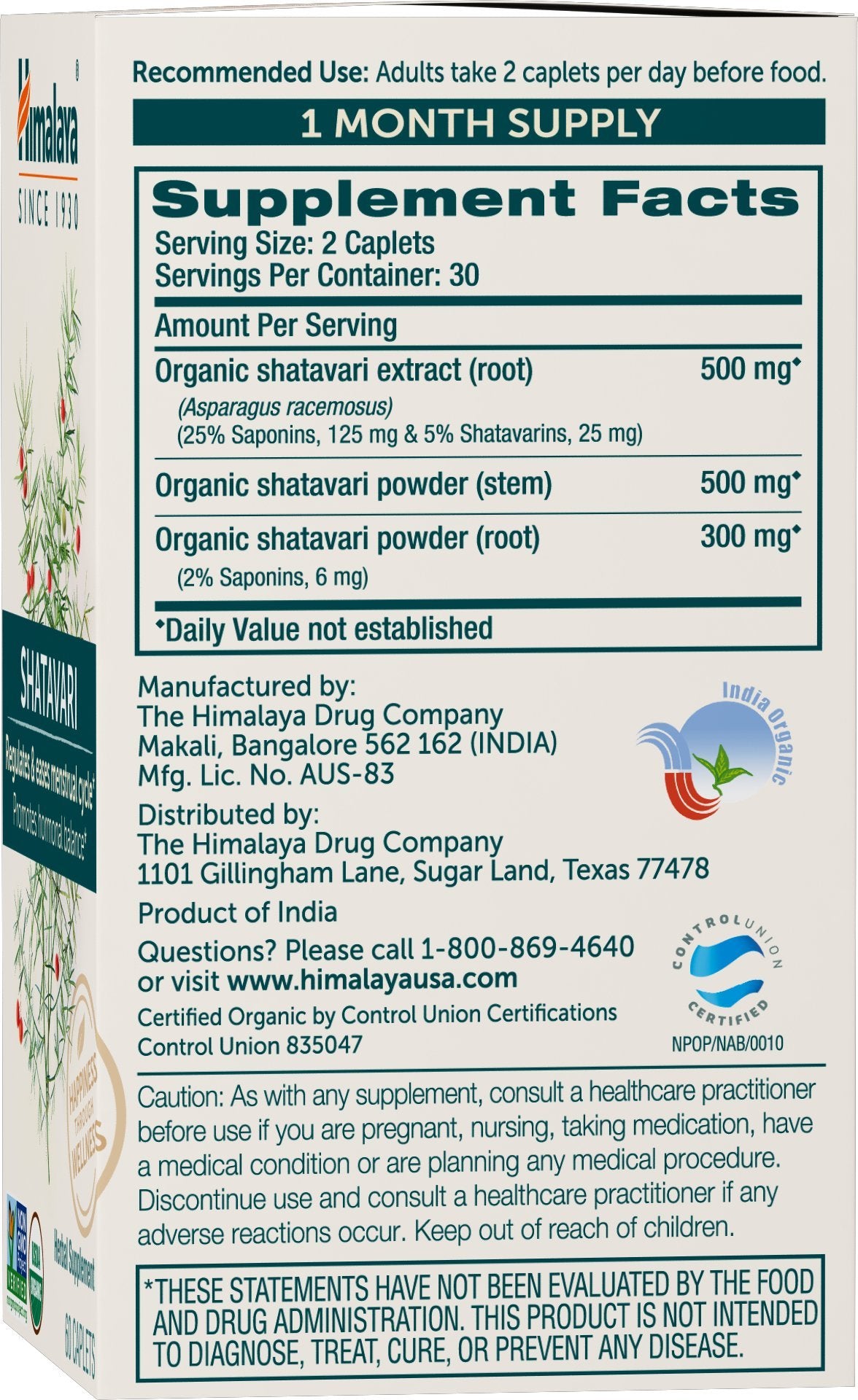 Himalaya Shatavari Capsules Bio 1300 mg, emballage et informations nutritionnelles