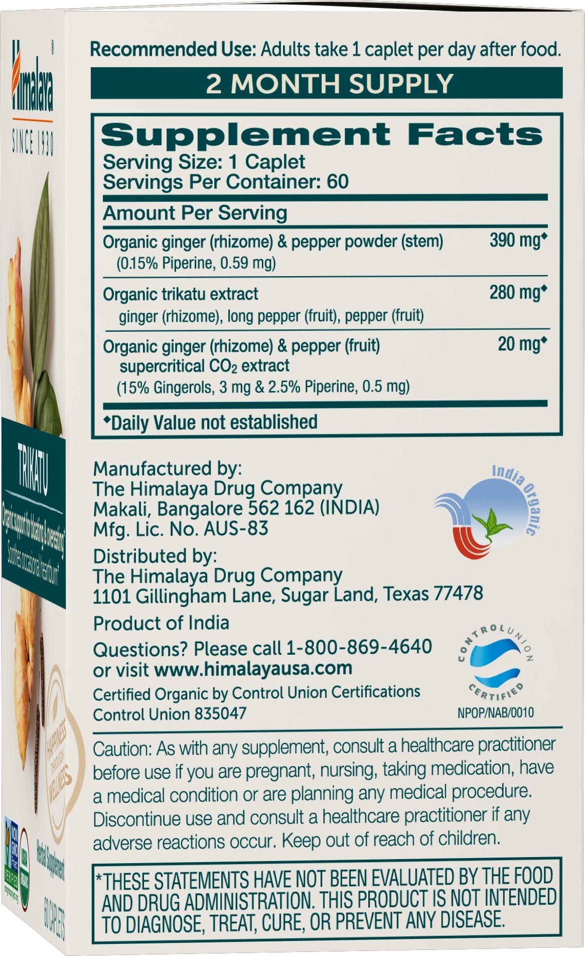 Himalaya Trikatu 60 comprimés végétaux bio, vue arrière du packaging