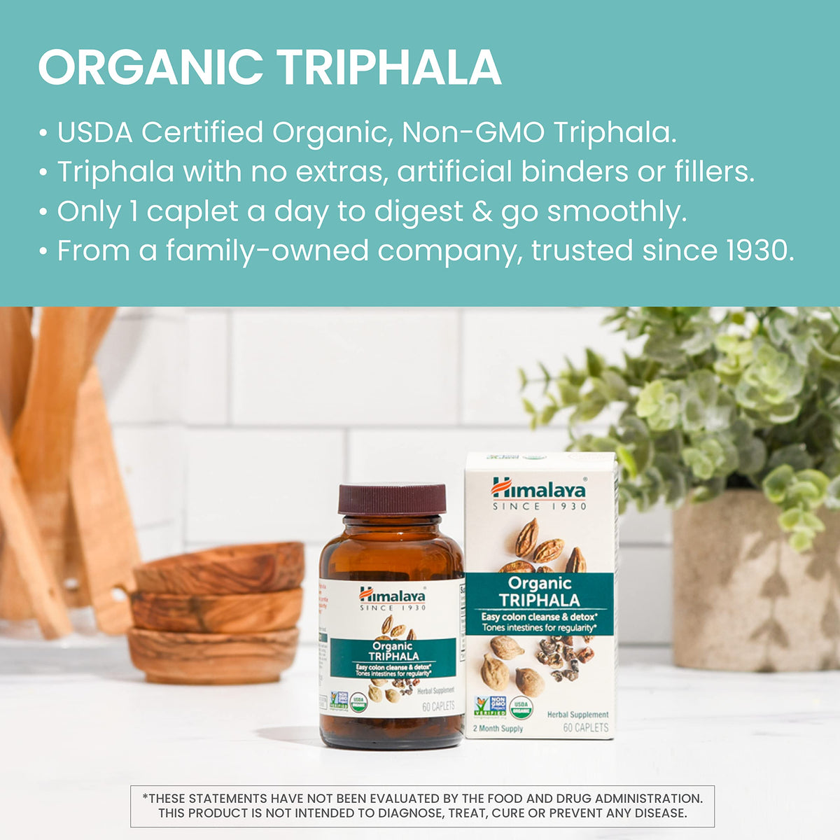Himalaya Triphala Bio 688mg, emballage et étiquette