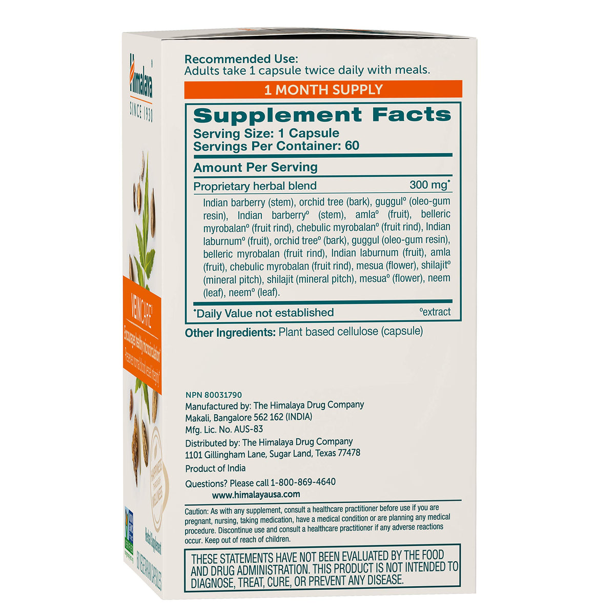 Himalaya VeinCare 300 mg 60 capsules vue arrière de l'emballage