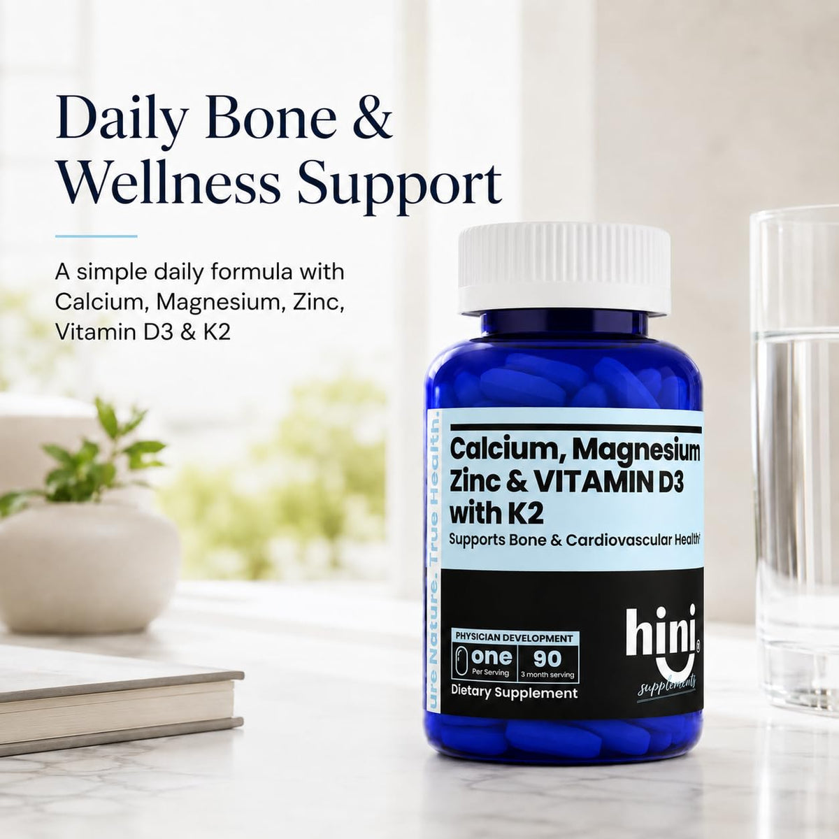 HINI Calcium Magnésium Zinc flacon ouvert avec tablettes