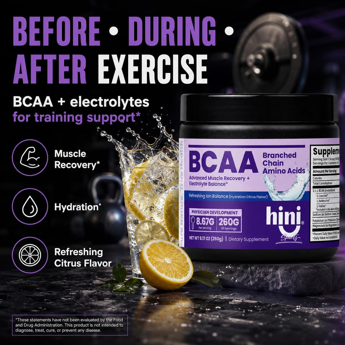 HINI Poudre BCAA agrumes affichage des portions disponibles