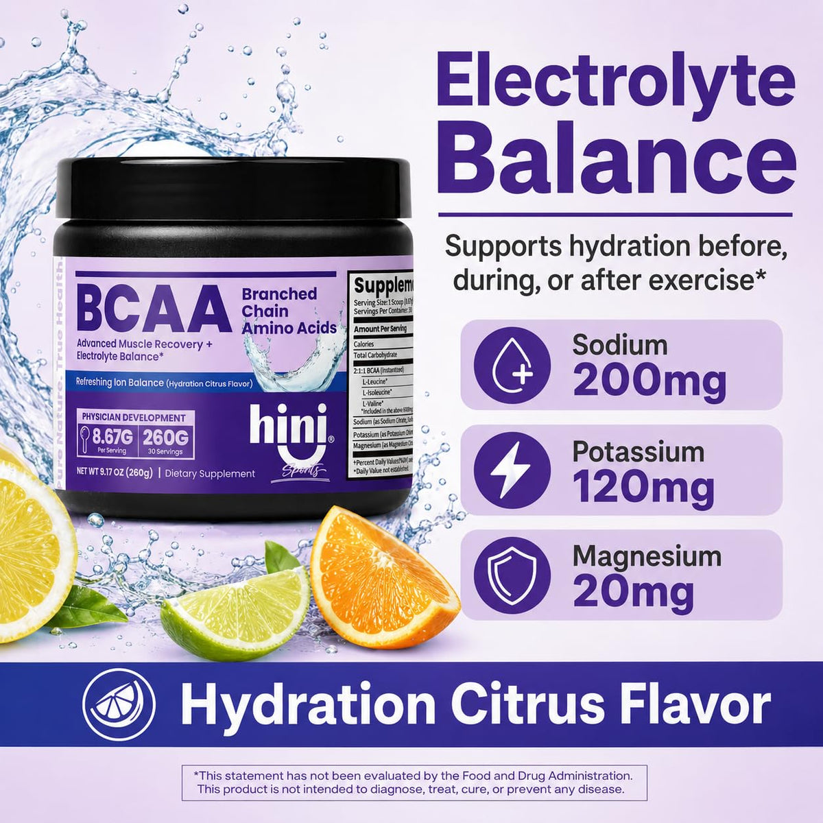 HINI Poudre BCAA agrumes informations nutritionnelles sur l'étiquette