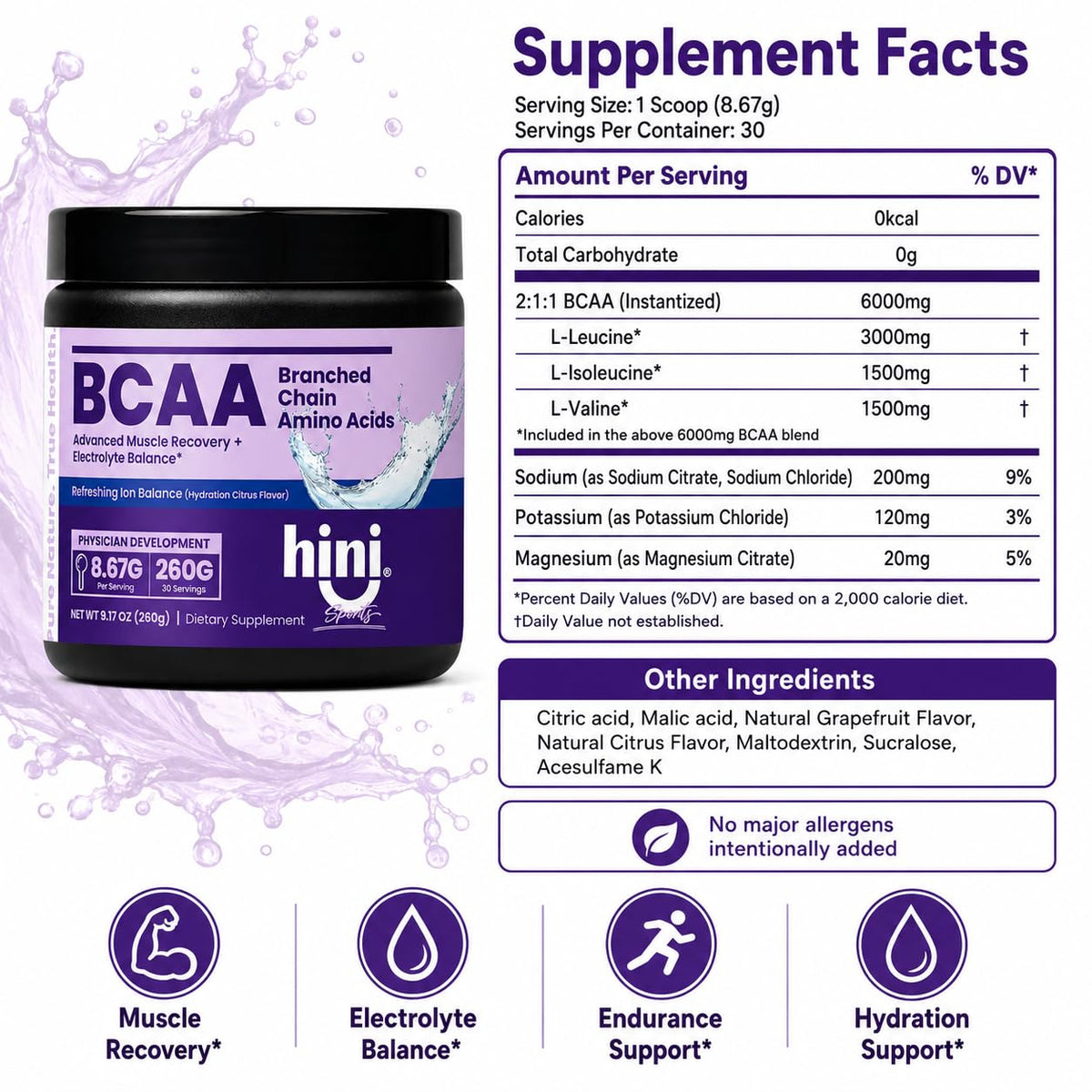 HINI Poudre BCAA agrumes vue de côté du contenant