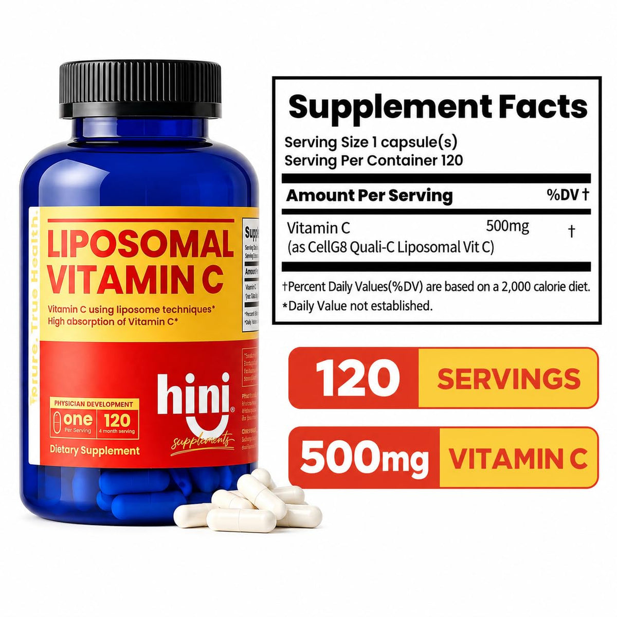 HINI Vitamine C Liposomale 500mg avec étiquette visible