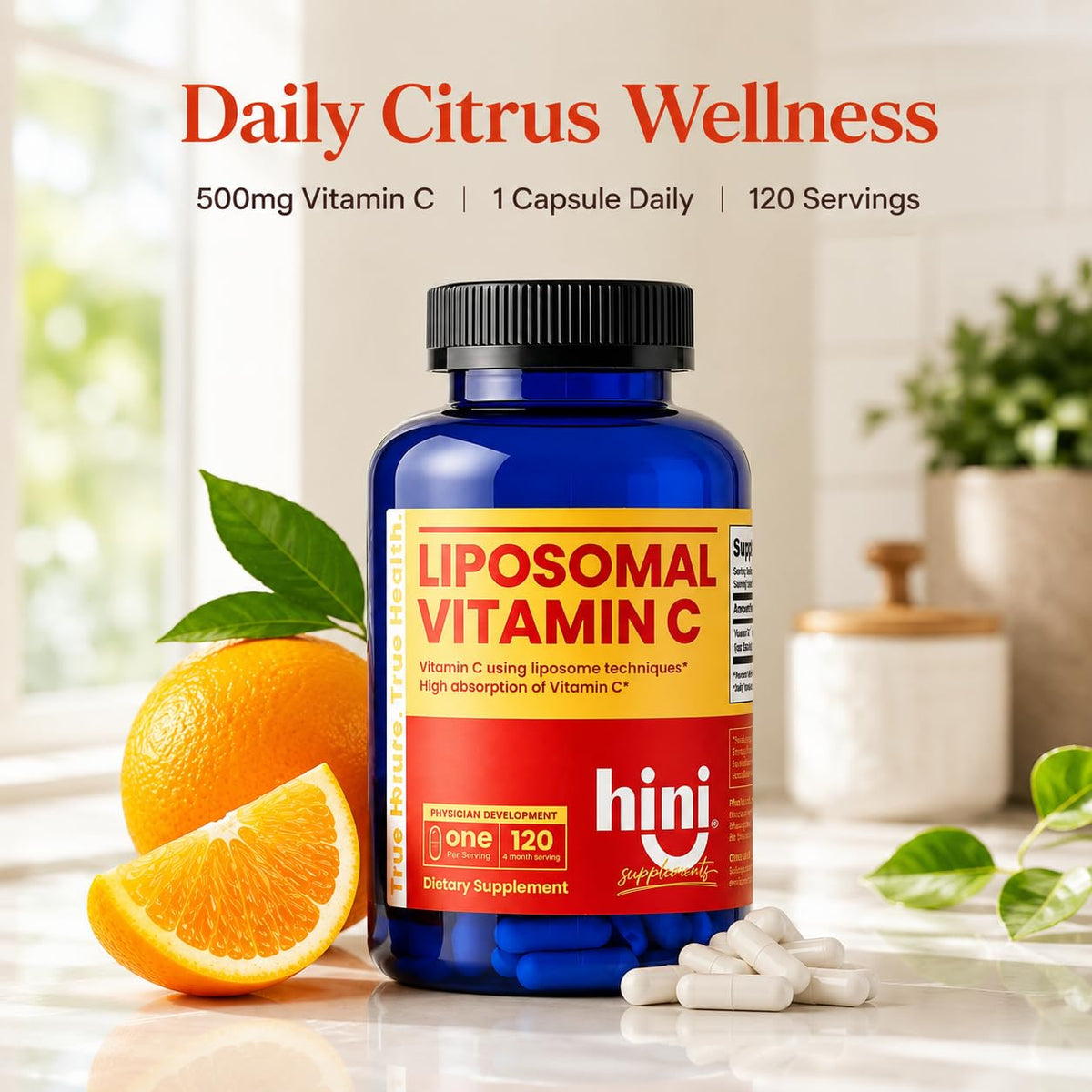 HINI Vitamine C Liposomale 500mg, présentation du produit sur une table