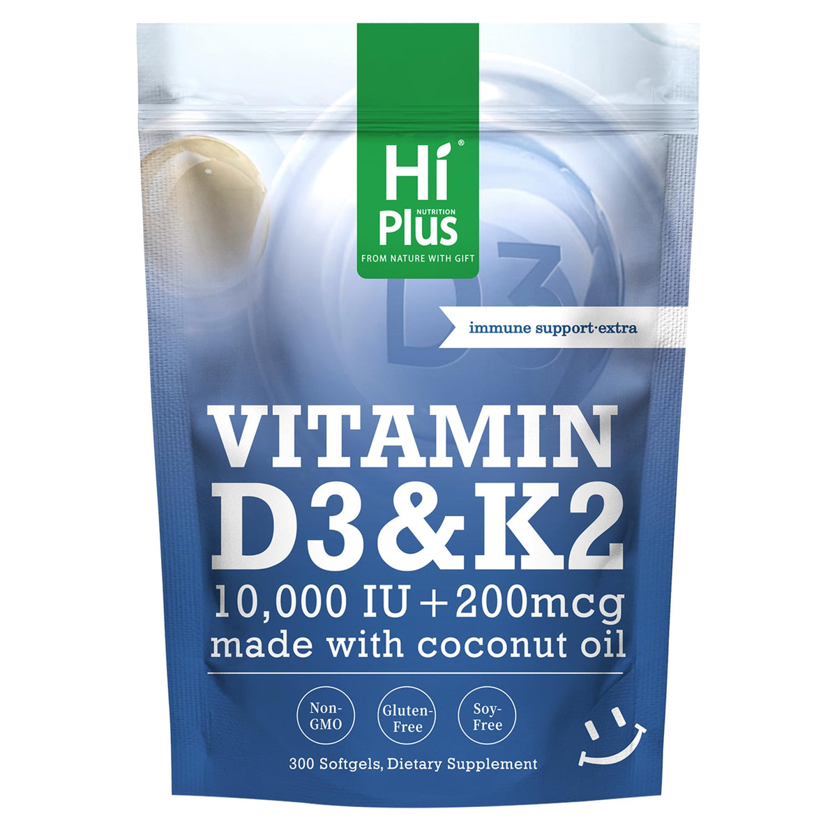 HiPlus Vitamine D3 10 000 UI + K2 200 mcg, 300 gélules molles en boîte