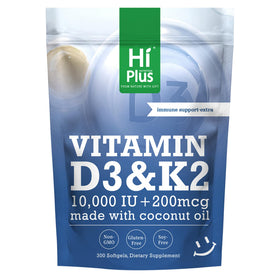 HiPlus Vitamine D3 10 000 UI + K2 200 mcg, 300 gélules molles en boîte