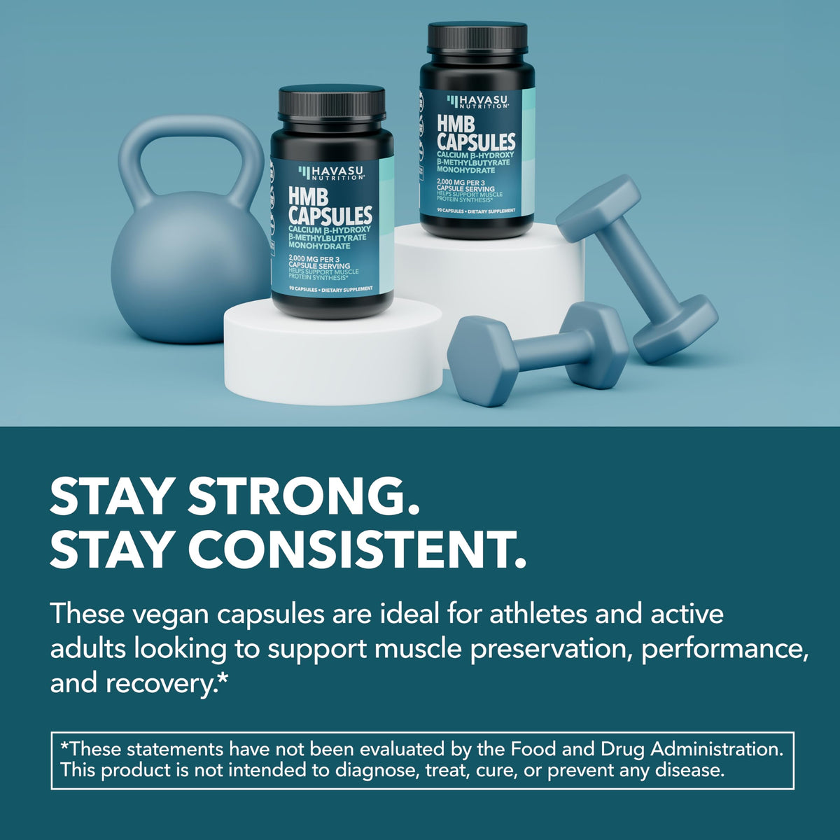 HMB HAVASU NUTRITION capsules avec des haltères en arrière-plan